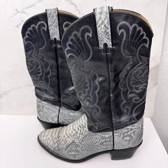 Cowboy Western Boots Mens 10.5 Made USA Texas Snake Print Classic Country Black - Picture 1 of 11